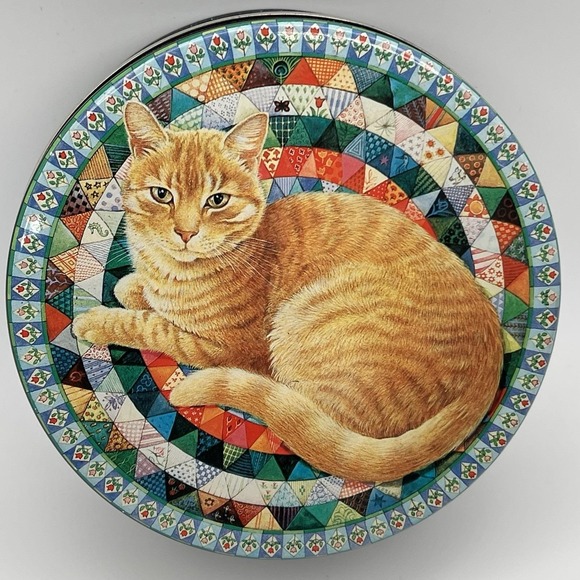 Hunkydory Other - Vintage Orange Cat Tin 1989 5" Round Hunkydory England Quilt Black Gift